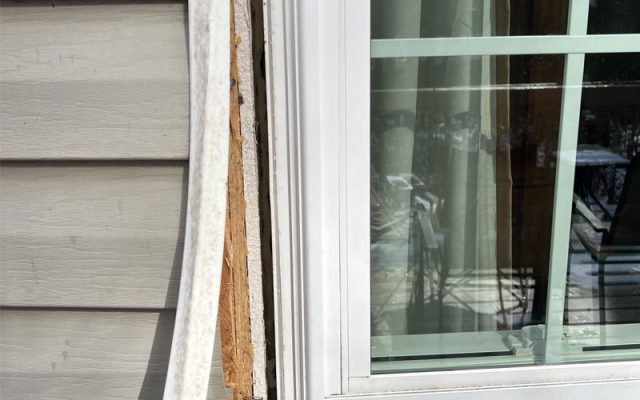 Rotten wood exposed beneath pulled-back siding trim next to a window.