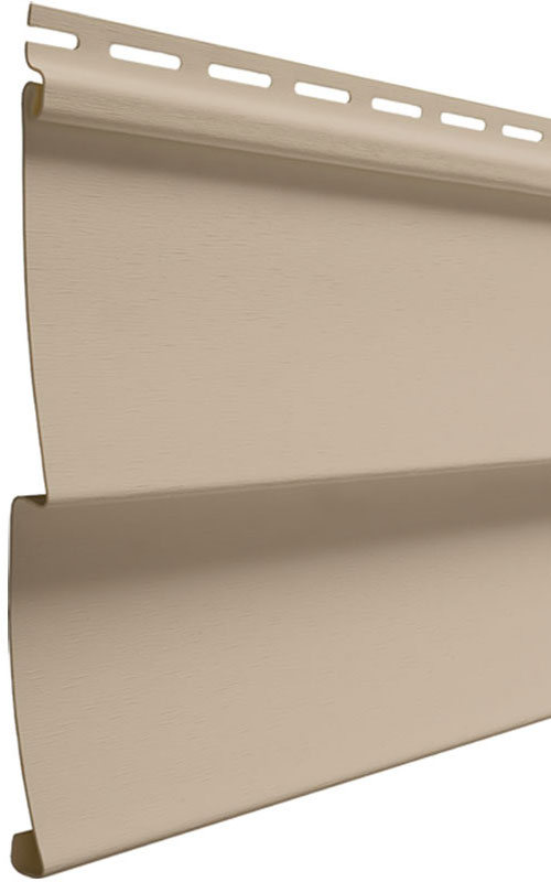 Close-up view of a tan vinyl siding panel.